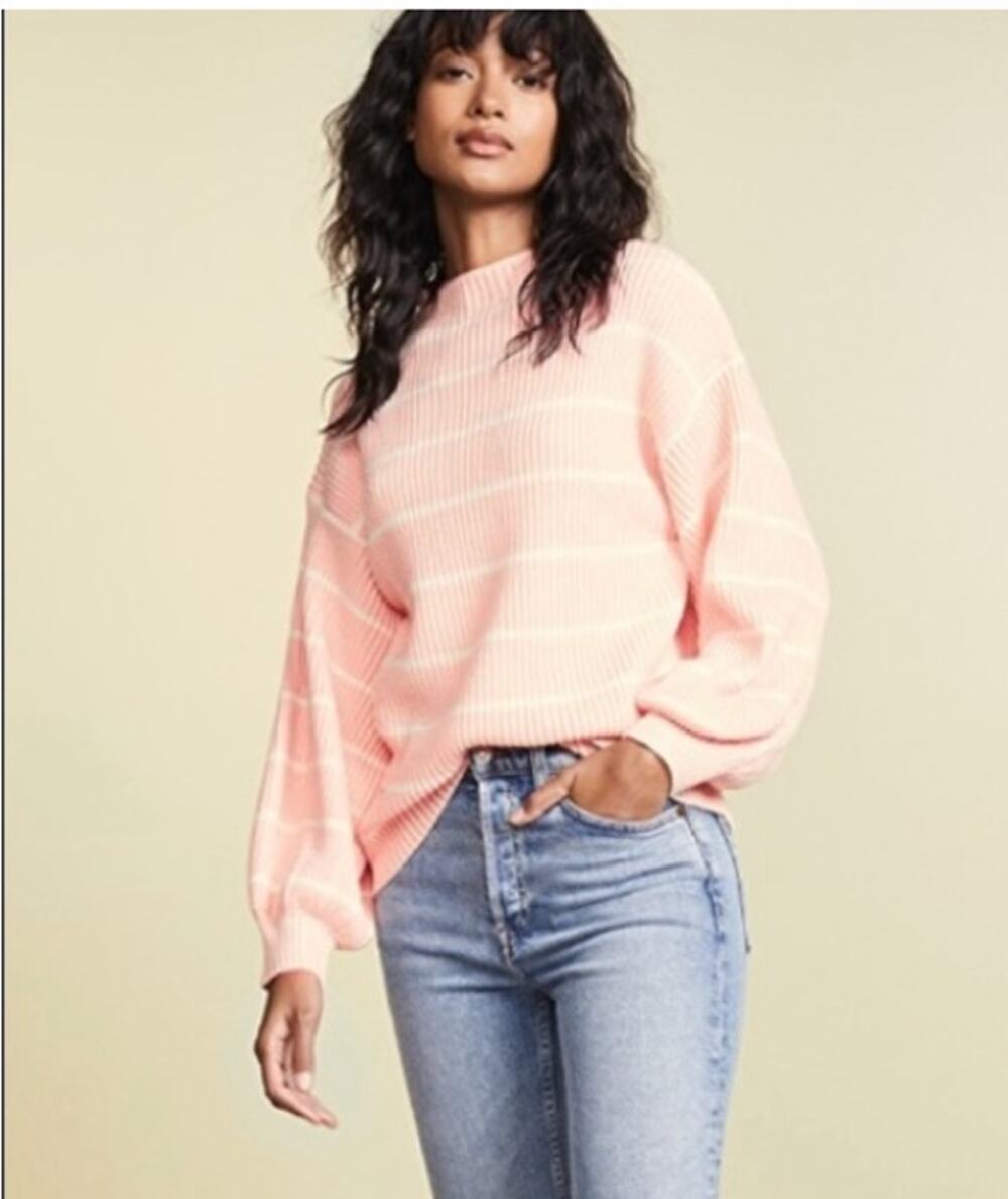 Reformation SAYLOR Shell Pink Striped Balloon Sleeve Mock Sweater XS-S MSRP $230